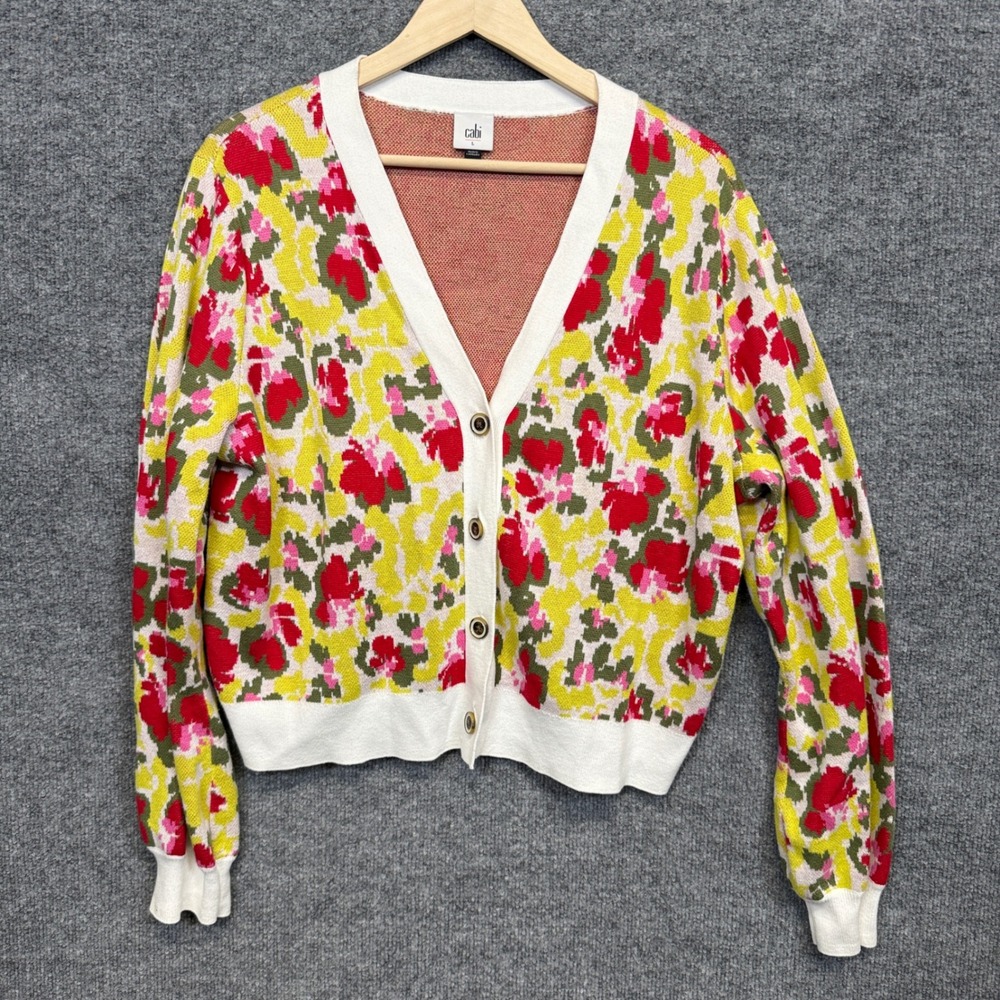 Cabi Size Large Garden Cardigan Yellow Floral Cotton V Neck Painterly Preppy